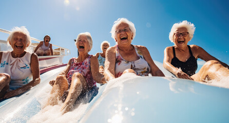Active aging. Energetic group of senior women having fun in the pool - obrazy, fototapety, plakaty