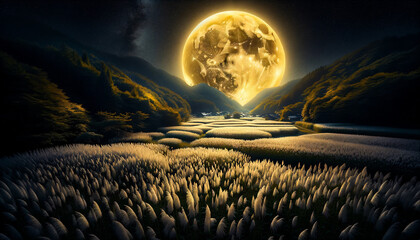 大きな黄色い満月が夜のすすきの野原を照らすイメージ画像です。すすきのディテールの質感が強調されています。 - obrazy, fototapety, plakaty