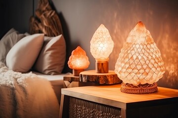 Mineral salt lamps in bedroom. Harmony atmosphere with healing glowing lamps. Generate ai - obrazy, fototapety, plakaty