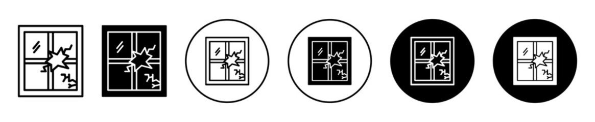 Broken window icon. Home window with hole symbol set. Broken house window vector sign. Crack or damaged window line logo