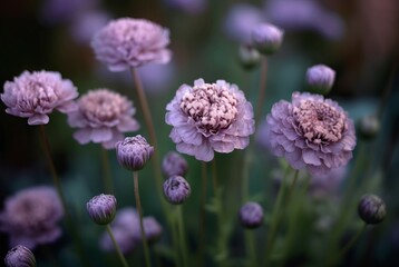 Field of purple scabious flowers. Violet natural spring blossom flower. Generate ai