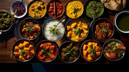A top-down view capturing a colorful spread of various Indian curry dishes, from creamy butter...