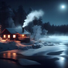 cabin at  frozen lake