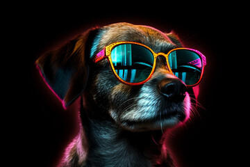 cute dog wearing glasses combination of neon lights, black background, 3d rendering, AI generative  - obrazy, fototapety, plakaty