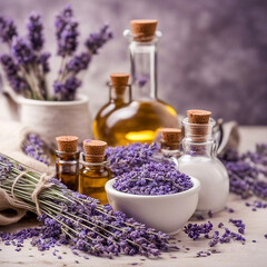 Obraz na płótnie Canvas Glass bottle of Lavender essential oil with fresh lavender flowers and dried lavender seeds on white wooden rustic table, aromatherapy spa massage concept. Lavendula oleum