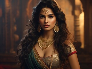 Ancient Indian beauty smiling model, luxury jewelry