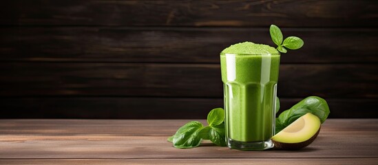 Green smoothie in glass on table With copyspace for text