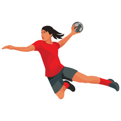 Chinese women's handball girls team player in a red sports uniform who rushes and swings to throw the ball at the target