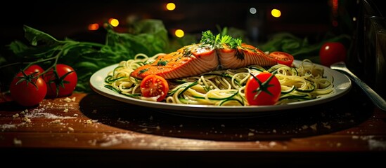Italian dinner with linguine salmon and zucchini on the table With copyspace for text