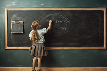 Young student in classroom with blackboard. Elementary school learning at chalkboard. Education and...