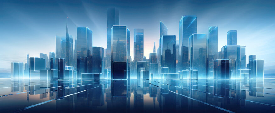 Abstract city skyline with abstract buildings in the style of glass 3D render