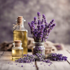 Glass bottle of Lavender essential oil with fresh lavender flowers and dried lavender seeds on white wooden rustic table, aromatherapy spa massage concept. Lavendula oleum