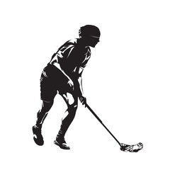 Floorball, woman playing floorball with stick and ball, isolated vector silhouette