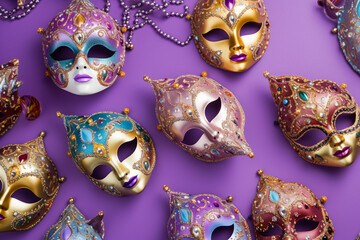 beautiful bedazzled carnival or masquerade ball gold and purple masks pattern on a pastel purple background