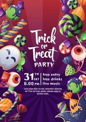 Flyer template with cauldron of sweets. Halloween party. Trick or treat. Party invitation design