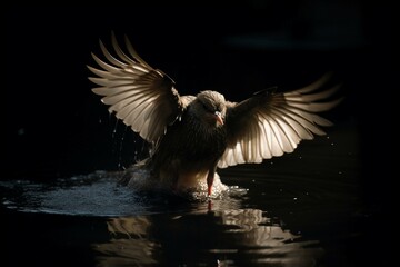 A bird bathing its wings at night. Generative AI