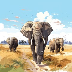 Mighty elephants roam the savannah