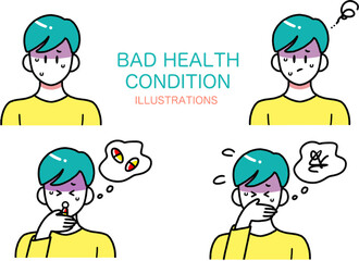 体調不良で顔色の悪い男性のシンプルなイラスト詰め合わせ