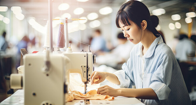 Asian Chinese seamstress female worker in textile factory