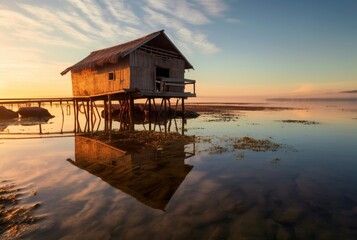 beautiful view of the hut on the beach with sunset in the evening. generative ai