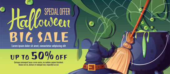 Discount banner design with witch s cauldron, broom and hat. Halloween sale, discount voucher. Template for banner, poster, flyer, advertisement..