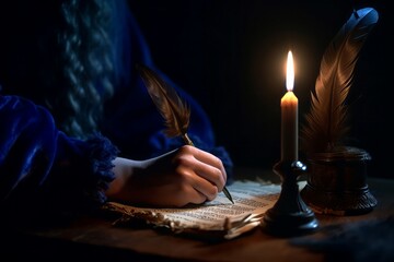 Hand write ink feather at burning candle. Night dark room with monk writer. Generate Ai - obrazy, fototapety, plakaty