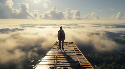 Under the Clouds: A breathtaking aerial view of a worker standing on a high steel beam against a backdrop of clouds. - obrazy, fototapety, plakaty