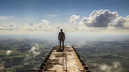 Under the Clouds: A breathtaking aerial view of a worker standing on a high steel beam against a backdrop of clouds.
