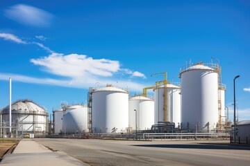 Tank farm with rows of oil storage tanks.