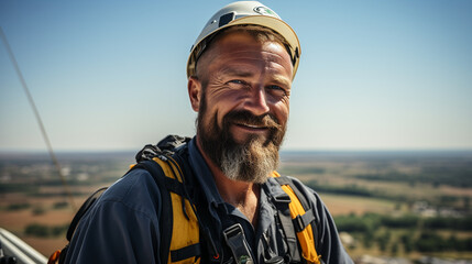 Wind Turbine Technician: A technician perched on a wind turbine high above the ground, servicing clean energy infrastructure. - obrazy, fototapety, plakaty
