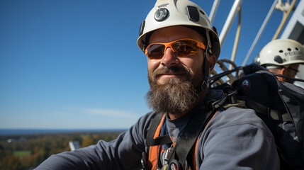 Wind Turbine Technician: A technician perched on a wind turbine high above the ground, servicing clean energy infrastructure. - obrazy, fototapety, plakaty