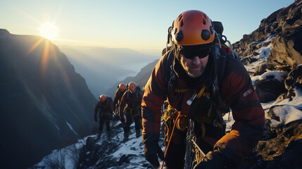 Mountain Rescue: A team of mountain rescuers descending a sheer cliff to reach an injured climber in a remote alpine setting.