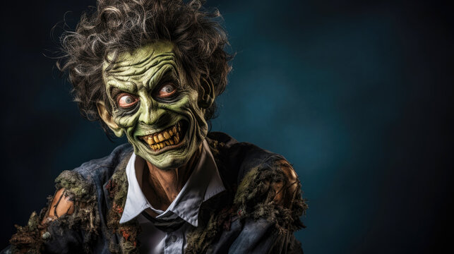 Halloween Horror Hintergrund mit einem grinsenden Zombie Clown mit gr&uuml;nem Make-up und zerrissenem Anzug vor dunklem Hintergrund und Platz f&uuml;r Text