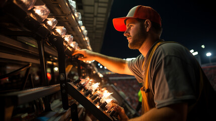 Stadium Lights: A technician scaling a lighting tower at a sports stadium to ensure a brightly lit night game.
