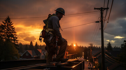 High Voltage: An electrical worker maintaining power lines atop tall utility poles against a dramatic sky. - obrazy, fototapety, plakaty