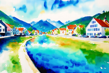 A watercolor town. Nordic Serenity, Watercolor Painting of a Scandinavian Town. Generative AI