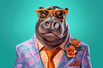 Stylish portrait of dressed up imposing anthropomorphic hippopotamus wearing glasses and suit on vibrant blue background with copy space. Funny pop art illustration. - obrazy, fototapety, plakaty