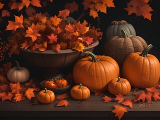 Naklejka na ściany i meble pumpkins and autumn leaves