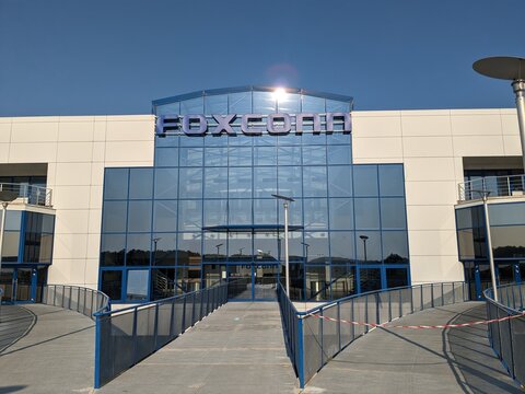 Kolin,Czech republic-July 14 2023:Foxconn company, big technology company and  employer in this region,huge production plant factory and logistics center warehouse