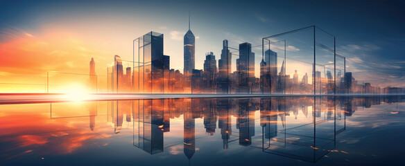 Abstract city skyline with reflective ground surface, sunset and geometric shapes