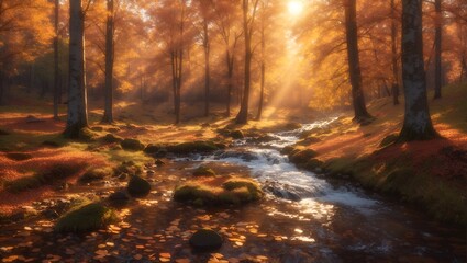 Fototapeta premium Autumnal Bliss: Serene Sunlit Stream amidst the Enchanting Forest