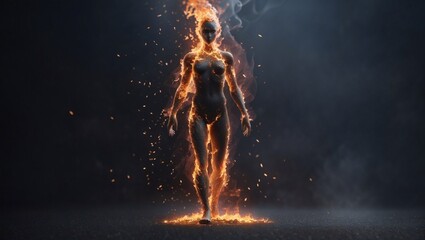 Fiery Power: Silhouette of a Human Body Formed by Fire Particles, Symbolizing Strength and the Mighty Element - obrazy, fototapety, plakaty