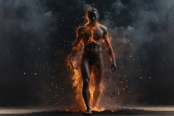 Fototapeta na wymiar Fiery Power: Silhouette of a Human Body Formed by Fire Particles, Symbolizing Strength and the Mighty Element