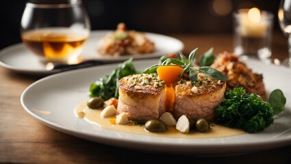 Chef's Delight: Exquisitely Styled Diet Dish Perfectly Lit in a Restaurant