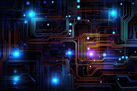 Electronic circuits, blue neon light, Software and Web Developer Programming Code, Binary Abstract Computer Script, Program Developing digital background.