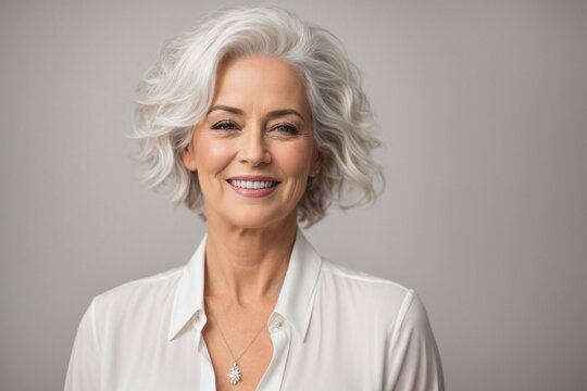 Portrait of a Beautiful Smiling Middle-Aged European Woman with White Hair