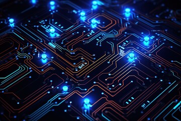 Electronic circuits, blue neon light, Software and Web Developer Programming Code, Binary Abstract Computer Script, Program Developing digital background.