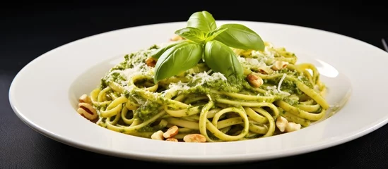 Crédence en verre imprimé Ligurie Italian pasta with basil pesto sauce made from cheese nuts and oil With copyspace for text