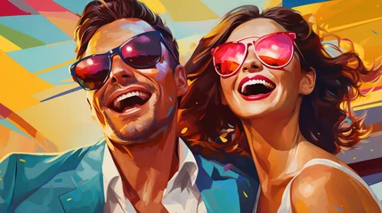 Fotobehang Vibrant portrait in retro pop art style of laughing couple in sunglasses capturing playful comic book aesthetics, symbolizes enduring joy of togetherness adventures, vibrant vintage promotional poster © TRAVELARIUM