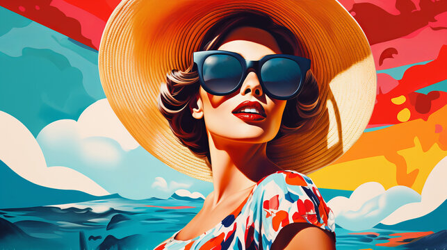 Retro pop art style portrait of girl at beach wearing sun hat with sunglasses against vibrant background embodies her alluring charm, vintage vacation advertisement with attractive female